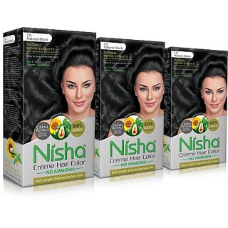                       Nisha cream permanent hair color superior quality no ammonia cream formula permanent Fashion Highlights and rich bright long-lasting colour Natural Black (pack of 3) , NATURAL BLACK 1                                              
