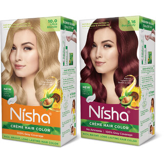                       Nisha Cream Hair Color Rich Bright Long Lasting Hair Colouring For Ultra Soft Deep Shine Grey Coverage Conditioning With Natural Herbs , Ultra Blonde & Burgundy                                              