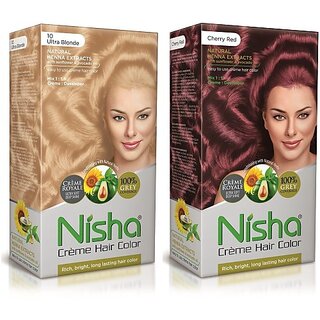                      Nisha Cream Hair Color Rich Bright Long Lasting Hair Colouring For Ultra Soft Deep Shine Grey Coverage Conditioning With Natural Herbs , Ultra Blonde & Cherry Red                                              