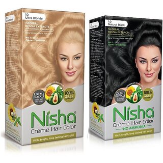                       Nisha Cream Hair Color Rich Bright Long Lasting Hair Colouring For Ultra Soft Deep Shine Grey Coverage Conditioning With Natural Herbs , Ultra Blonde & Natural Black                                              