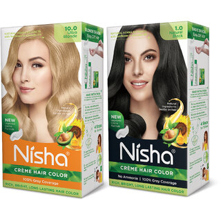                       Nisha Cream Hair Color Rich Bright Long Lasting Hair Colouring For Ultra Soft Deep Shine Grey Coverage Conditioning With Natural Herbs , Ultra Blonde & Natural Black                                              