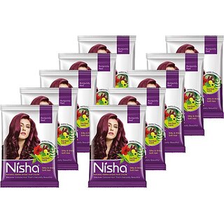                       Nisha Natural Henna Based Semi Permanent hair color 15 gm each Sachet Burgundy Red (Pack of 10) , Burgundy Red                                              