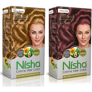                       Nisha Cream Hair Color Rich Bright Long Lasting Hair Colouring For Ultra Soft Deep Shine Grey Coverage Conditioning With Natural Herbs , Honey Blonde & Cherry Red                                              