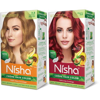 Nisha Cream Hair Color Rich Bright Long Lasting Hair Colouring For Ultra Soft Deep Shine Grey Coverage Conditioning With Natural Herbs , Honey Blonde & Cherry Red Nisha Cream Hair Color Rich Bright Long Lasting Hair Colouring For Ultra Soft Deep Shine Grey Coverage Conditioning With Natural Herbs , Honey Blonde & Cherry Red