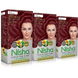                       Nisha cream permanent hair color superior quality no ammonia cream formula permanent Fashion Highlights and rich bright long-lasting colour Burgundy (pack of 3) , BURGUNDY 3.16                                              