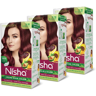 Nisha cream permanent hair color superior quality no ammonia cream formula permanent Fashion Highlights and rich bright long-lasting colour Burgundy (pack of 3) , BURGUNDY 3.16 Nisha cream permanent hair color superior quality no ammonia cream formula permanent Fashion Highlights and rich bright long-lasting colour Burgundy (pack of 3) , BURGUNDY 3.16