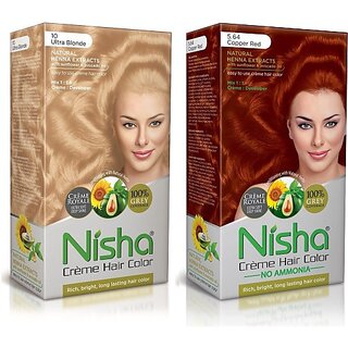                       Nisha Cream Hair Color Rich Bright Long Lasting Hair Colouring For Ultra Soft Deep Shine Grey Coverage Conditioning With Natural Herbs , Ultra Blonde & Copper Red                                              
