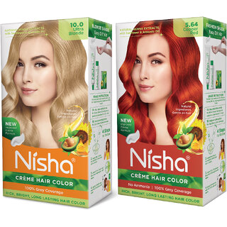 Nisha Cream Hair Color Rich Bright Long Lasting Hair Colouring For Ultra Soft Deep Shine Grey Coverage Conditioning With Natural Herbs , Ultra Blonde & Copper Red Nisha Cream Hair Color Rich Bright Long Lasting Hair Colouring For Ultra Soft Deep Shine Grey Coverage Conditioning With Natural Herbs , Ultra Blonde & Copper Red