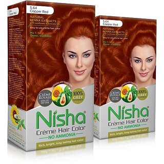                       Nisha cream permanent hair color superior quality no ammonia cream formula permanent Fashion Highlights and rich bright long-lasting colour Copper Red (pack of 2) , COPPER RED 5.64                                              