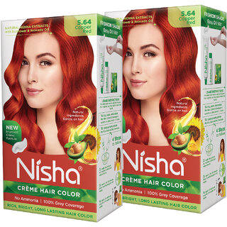 Nisha cream permanent hair color superior quality no ammonia cream formula permanent Fashion Highlights and rich bright long-lasting colour Copper Red (pack of 2) , COPPER RED 5.64 Nisha cream permanent hair color superior quality no ammonia cream formula permanent Fashion Highlights and rich bright long-lasting colour Copper Red (pack of 2) , COPPER RED 5.64