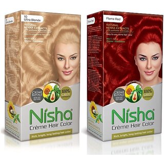                       Nisha Cream Hair Color Rich Bright Long Lasting Hair Colouring For Ultra Soft Deep Shine Grey Coverage Conditioning With Natural Herbs , Ultra Blonde & Flame Red                                              