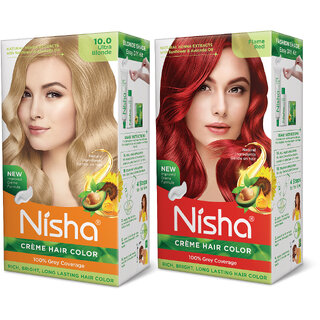 Nisha Cream Hair Color Rich Bright Long Lasting Hair Colouring For Ultra Soft Deep Shine Grey Coverage Conditioning With Natural Herbs , Ultra Blonde & Flame Red Nisha Cream Hair Color Rich Bright Long Lasting Hair Colouring For Ultra Soft Deep Shine Grey Coverage Conditioning With Natural Herbs , Ultra Blonde & Flame Red