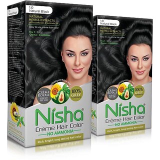                       Nisha cream permanent hair color superior quality no ammonia cream formula permanent Fashion Highlights and rich bright long-lasting colour Natural Black (pack of 2) , NATURAL BLACK 1                                              