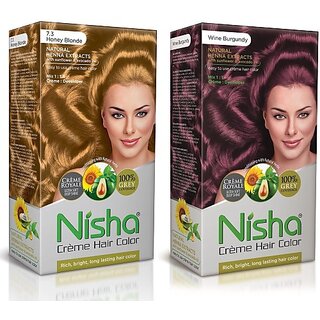                       Nisha Cream Hair Color Rich Bright Long Lasting Hair Colouring For Ultra Soft Deep Shine Grey Coverage Conditioning With Natural Herbs , Honey Blonde & Wine Burgundy                                              