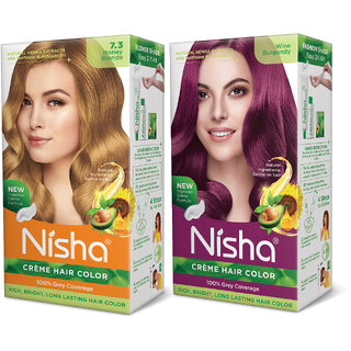 Nisha Cream Hair Color Rich Bright Long Lasting Hair Colouring For Ultra Soft Deep Shine Grey Coverage Conditioning With Natural Herbs , Honey Blonde & Wine Burgundy Nisha Cream Hair Color Rich Bright Long Lasting Hair Colouring For Ultra Soft Deep Shine Grey Coverage Conditioning With Natural Herbs , Honey Blonde & Wine Burgundy