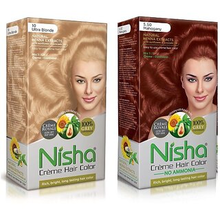                       Nisha Cream Hair Color Rich Bright Long Lasting Hair Colouring For Ultra Soft Deep Shine Grey Coverage Conditioning With Natural Herbs , Ultra Blonde & Mahogany                                              