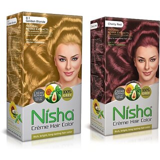                       Nisha Cream Hair Color Rich Bright Long Lasting Hair Colouring For Ultra Soft Deep Shine Grey Coverage Conditioning With Natural Herbs , Golden Blonde & Cherry Red                                              
