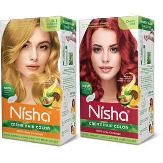 Nisha Cream Hair Color Rich Bright Long Lasting Hair Colouring For Ultra Soft Deep Shine Grey Coverage Conditioning With Natural Herbs , Golden Blonde & Cherry Red Nisha Cream Hair Color Rich Bright Long Lasting Hair Colouring For Ultra Soft Deep Shine Grey Coverage Conditioning With Natural Herbs , Golden Blonde & Cherry Red