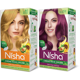 Nisha Cream Hair Color Rich Bright Long Lasting Hair Colouring For Ultra Soft Deep Shine Grey Coverage Conditioning With Natural Herbs , Golden Blonde & Wine Burgundy Nisha Cream Hair Color Rich Bright Long Lasting Hair Colouring For Ultra Soft Deep Shine Grey Coverage Conditioning With Natural Herbs , Golden Blonde & Wine Burgundy