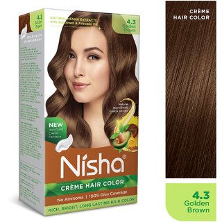                       Nisha cream permanent hair color superior quality no ammonia cream formula permanent Fashion Highlights and rich bright long-lasting colour Golden Brown (pack of 1) , GOLDEN BROWN 4.3                                              