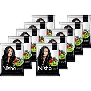                       Nisha Hair Color Henna Based Hair Powder Dye For Hair Coloring Natural Black 25gm each pack (Pack of 10) (250 g)                                              