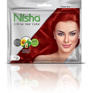 Nisha creme Permanent hair color with sunflower avocado oil & henna extracts 100% grey coverage ultra-soft deep shine (20 GM + 20 ML) , FLAME RED Nisha creme Permanent hair color with sunflower avocado oil & henna extracts 100% grey coverage ultra-soft deep shine (20 GM + 20 ML) , FLAME RED
