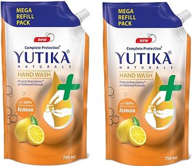 Yutika Naturals Hand Wash Complete Protection 100 Natural Extract for Hand Hygiene Protect from Germs pH Balanced Formula Lemon 180ml Hand Wash Refill Pouch (2 x 750 ml)