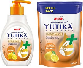 Yutika Naturals Complete Protection Lemon Hand Wash 100% Natural Extract Liquid Soap Pump, 200ml With 180ml Liquid Hand Wash Pump + Refill (380 ml)