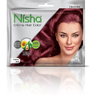                       Nisha Cream Hair Color Rich Bright Long Lasting Hair Colouring For Ultra Soft Deep Shine Grey Coverage Conditioning With Natural Herbs , Cherry Red                                              