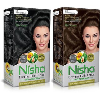                       Nisha Creme Hair Color Combo Set Natural Black And 3.0 Dark Brown (60gm + 60ml + 18ml Conditioner) , 3.0 Dark Brown                                              
