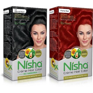 Nisha Creme Hair Color Combo Set Natural Black And Flame Red , Flame Red, black