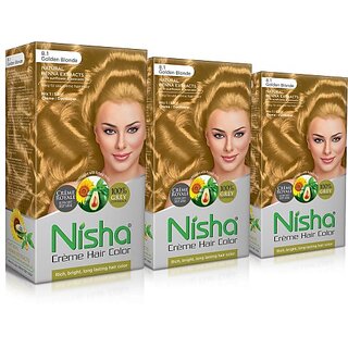                       Nisha cream permanent hair color superior quality permanent Fashion Highlights and rich bright long-lasting colour Golden Blonde (pack of 3) , GOLDEN BLONDE 8.1                                              