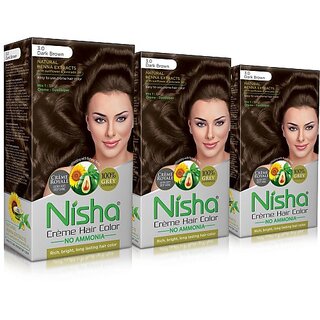                       Nisha cream permanent hair color superior quality no ammonia cream formula permanent Fashion Highlights and rich bright long-lasting colour Dark Brown (pack of 3) , DARK BROWN 3                                              