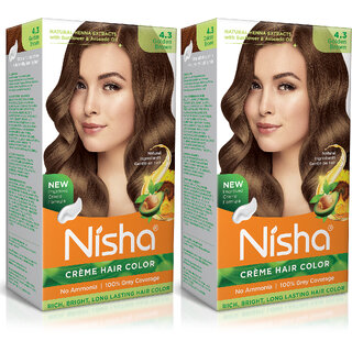Nisha cream permanent hair color superior quality no ammonia cream formula permanent Fashion Highlights and rich bright long-lasting colour Golden Brown (pack of 2) , GOLDEN BROWN 4.3 Nisha cream permanent hair color superior quality no ammonia cream formula permanent Fashion Highlights and rich bright long-lasting colour Golden Brown (pack of 2) , GOLDEN BROWN 4.3