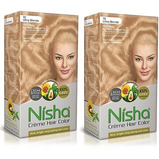                       Nisha Cream Hair Color Rich Bright Long Lasting Hair Colouring For Ultra Soft Deep Shine 100% Grey Coverage Ultra Blonde (Pack of 2) , Ultra Blonde                                              