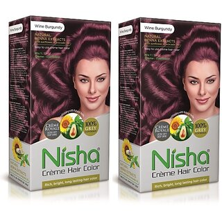                       Nisha Cream Hair Color Rich Bright Long Lasting Hair Colouring For Ultra Soft Deep Shine 100% Grey Coverage Wine Burgundy (Pack of 2) , Wine Burgundy                                              