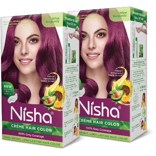 Nisha Cream Hair Color Rich Bright Long Lasting Hair Colouring For Ultra Soft Deep Shine 100% Grey Coverage Wine Burgundy (Pack of 2) , Wine Burgundy Nisha Cream Hair Color Rich Bright Long Lasting Hair Colouring For Ultra Soft Deep Shine 100% Grey Coverage Wine Burgundy (Pack of 2) , Wine Burgundy