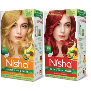                       Nisha Pack Golden Blonde & Flame Red (60gm + 90ml + 18ml Conditioner) , 8.1 Golden Blonde + Flame Red                                              
