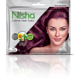                       Nisha Cream Hair Color Rich Bright Long Lasting Hair Colouring For Ultra Soft Deep Shine Grey Coverage Conditioning With Natural Herbs , Wine Burgundy                                              