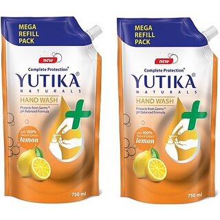                       Yutika Naturals Hand Wash Complete Protection 100 Natural Extract for Hand Hygiene Protect from Germs pH Balanced Formula Lemon 180ml Hand Wash Refill Pouch (2 x 750 ml)                                              