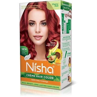                       Nisha Cream Hair Color Rich Bright Long Lasting Hair Colouring For Ultra Soft Deep Shine 100 Grey Coverage Cherry Red (Pack of 1) , Cherry Red                                              