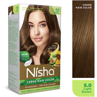                       Nisha cream permanent hair color superior quality no ammonia cream formula permanent Fashion Highlights and rich bright long-lasting colour Light Brown (pack of 1) , Light Brown                                              