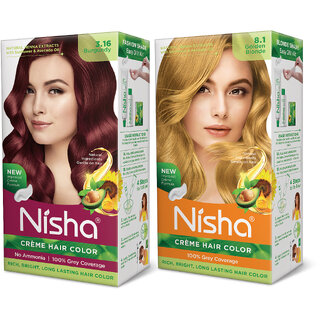 Nisha Pack 3. Honey Blonde (60gm + 90ml + 18ml Conditioner) , 3.16 Burgundy + 7.3 Honey Blonde