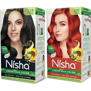                       Nisha Creme Hair Color Combo Set Natural Black And 5.64 Copper Red (60gm + 60ml + 18ml Conditioner) , 5.64 Copper Red                                              