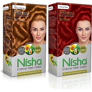                       Nisha Pack Honey Blonde & Flame Red (60gm + 90ml + 18ml Conditioner) , 7.3 Honey Blonde + Flame Red                                              