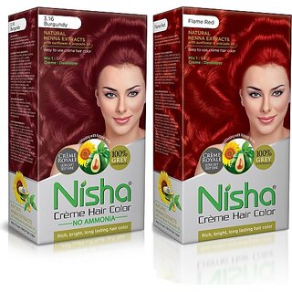                      Nisha Pack 3.16 Burgundy + Flame Red (60gm + 90ml + 18ml Conditioner) , 3.16 Burgundy + Flame Red                                              