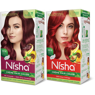                       Nisha Pack 3.16 Burgundy + Flame Red (60gm + 90ml + 18ml Conditioner) , 3.16 Burgundy + Flame Red                                              