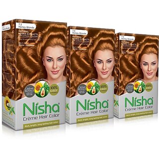                       Nisha cream permanent hair color superior quality permanent Fashion Highlights and rich bright long-lasting colour Honey Blonde (pack of 3) , HONEY BLONDE 7.3                                              