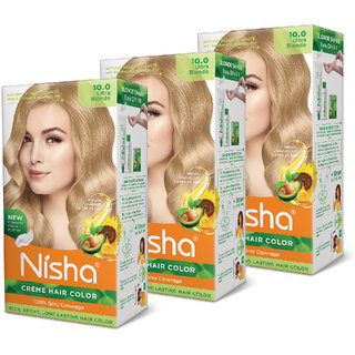                       Nisha Cream Hair Color Rich Bright Long Lasting Hair Colouring For Ultra Soft Deep Shine 100% Grey Coverage Ultra Blonde (Pack of 3) , Ultra Blonde                                              