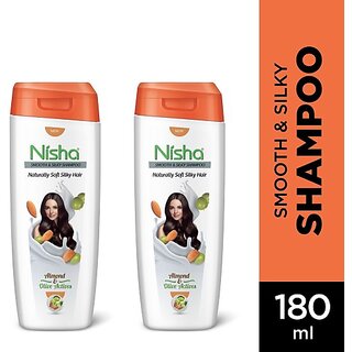                       Nisha Almond & Olive Actives Shampoo For Smooth Soft Silky Hair, 180 ML - Pack Of 2 (360 ml)                                              